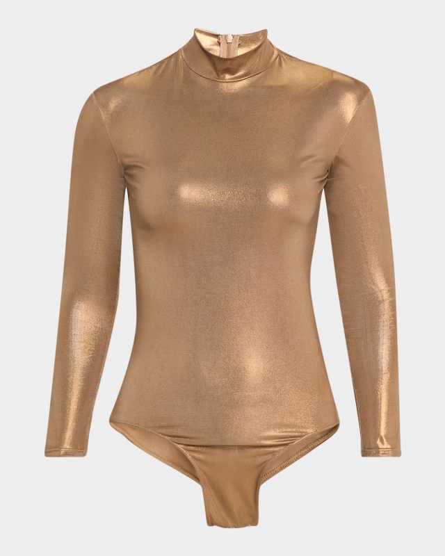 Metallic Coated Jersey Mock-Neck Bodysuit